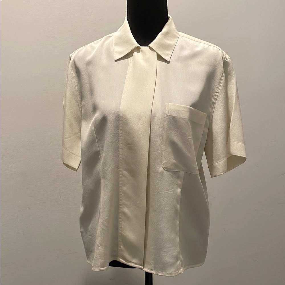 Rena Rowan Women’s Blouse Shirt Size 8 Cream White Button Front Short Sleeves